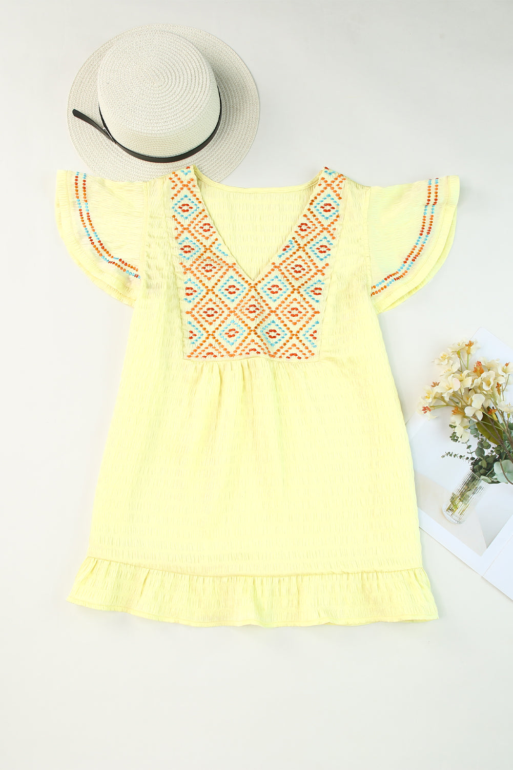 Yellow Geometric Embroidery Textured Top with Ruffles - LA Grand