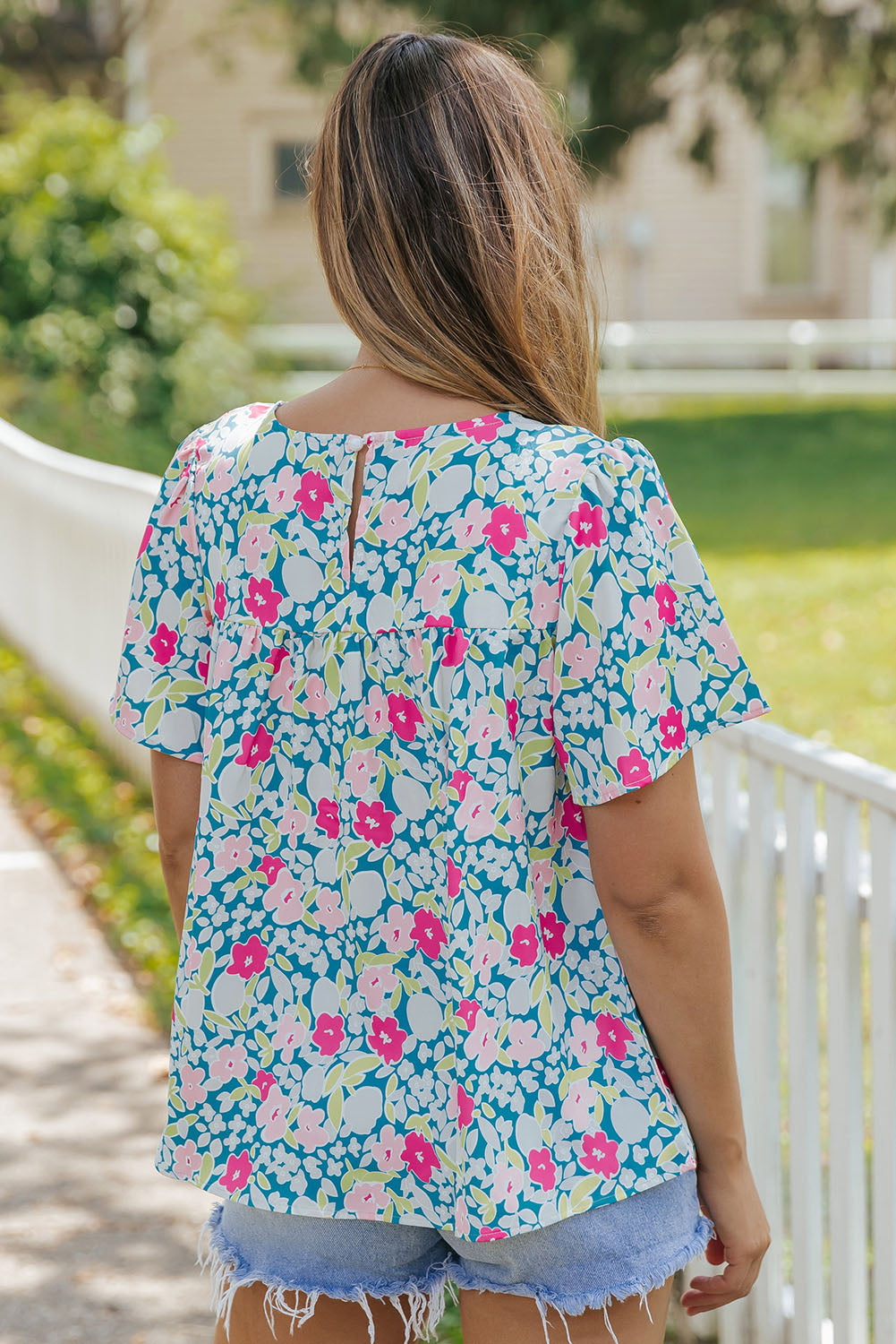 Sky Blue Floral Print O-neck Short Sleeve Babydoll Blouse - LA Grand