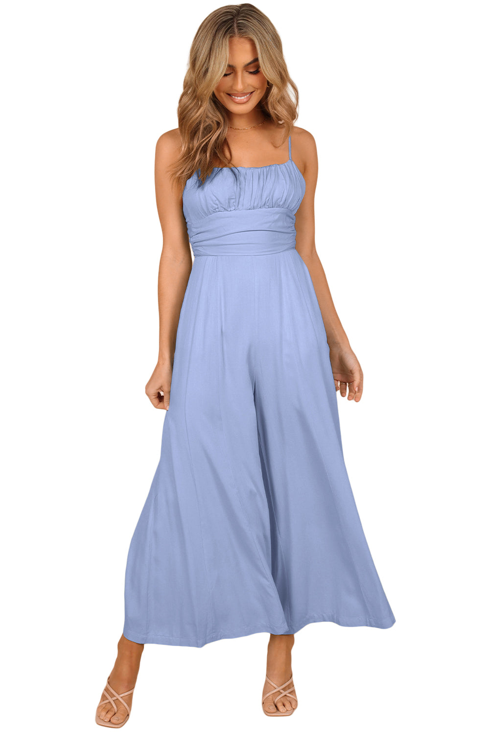 Green Spaghetti Straps Backless Knot Wide-Leg Jumpsuit - LA Grand