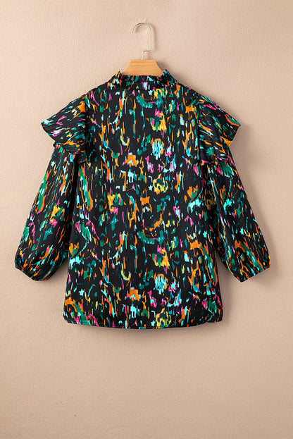 Multicolour Abstract Print 3/4 Puff Sleeve Ruffle Blouse - LA Grand