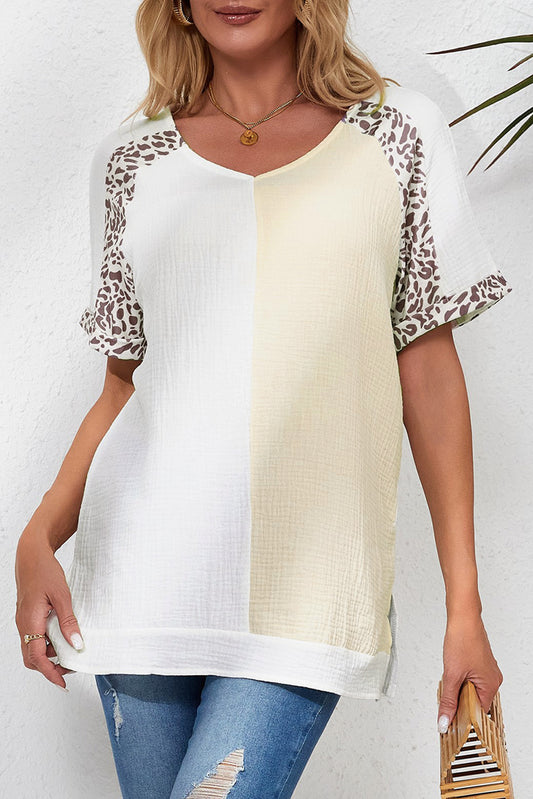 White Distressed Color Patchwork Leopard Trim Blouse - LA Grand