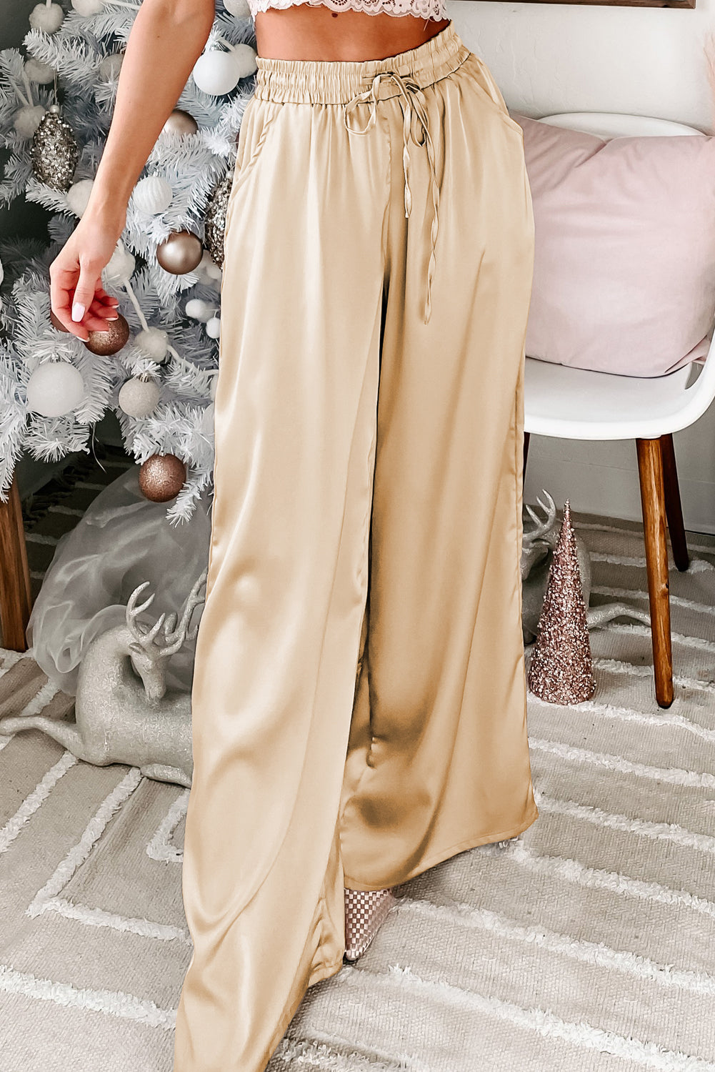 Apricot Pockets Drawstring High Waist Wide Leg Pants - LA Grand