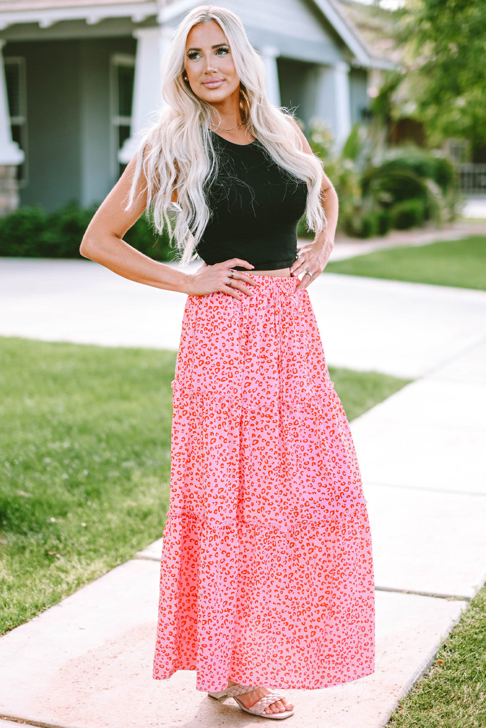 Pink Leopard Print Frilled Drawstring High Waist Maxi Skirt - LA Grand