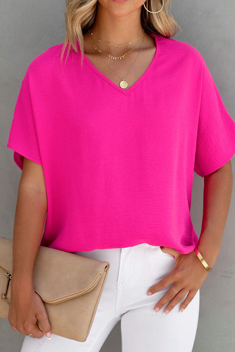 Pink Solid V Neck Short Sleeve Blouse - LA Grand