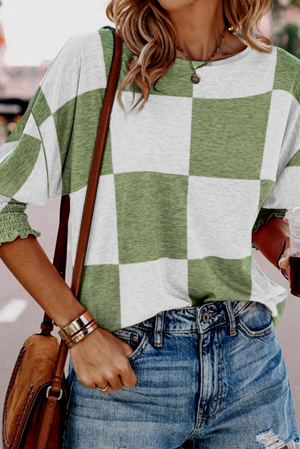 Grass Green Mix Checkered Print Shirred Cuffs Blouse - LA Grand