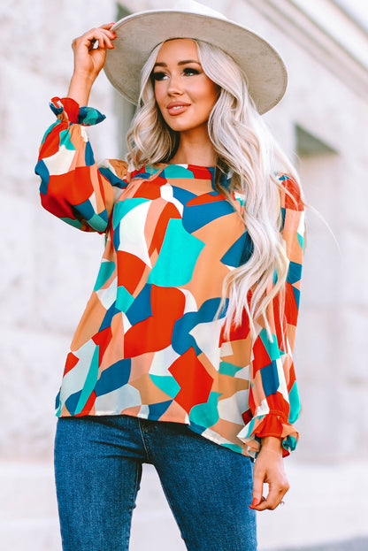 Abstract Pattern Crewneck Ruffled Puff Sleeve Blouse - LA Grand