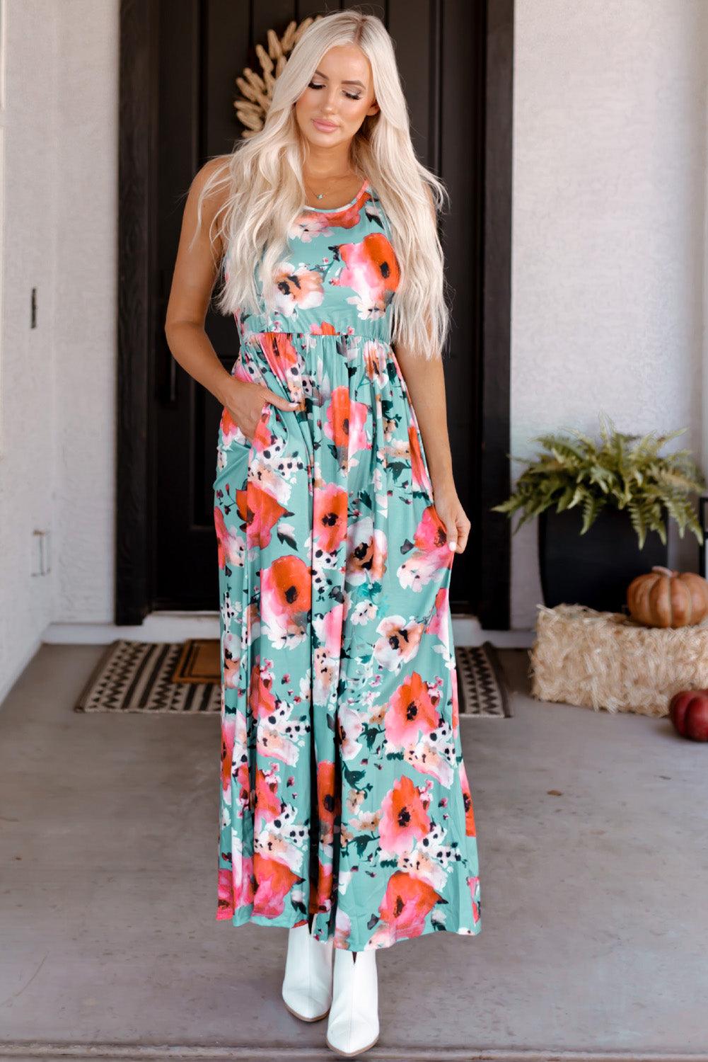 Sky Blue Boho Print Sleeveless High Waist Long Floral Dress - LA Grand