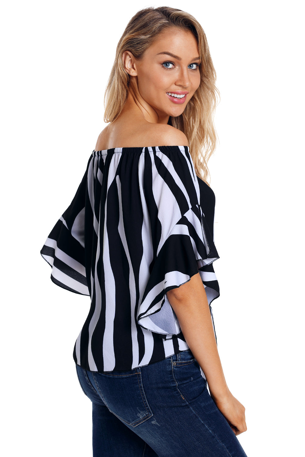 Off The Shoulder Vertical Stripes Blouse in Pink - LA Grand