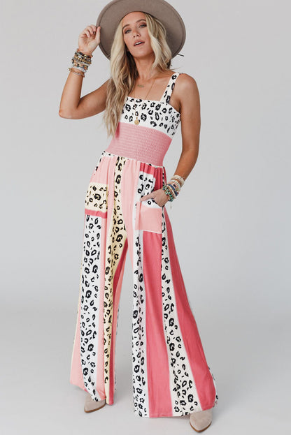 Pink Leopard Color Block Mix Print Pocketed Jumpsuit - LA Grand