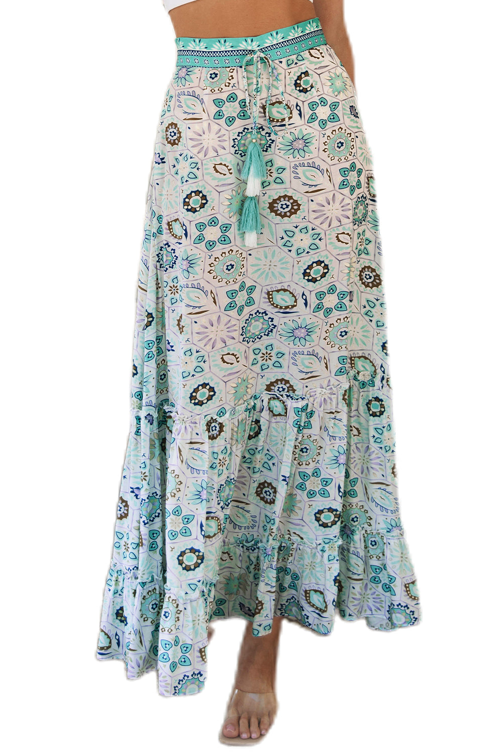 Sky Blue Boho Floral Print Maxi Skirt - LA Grand