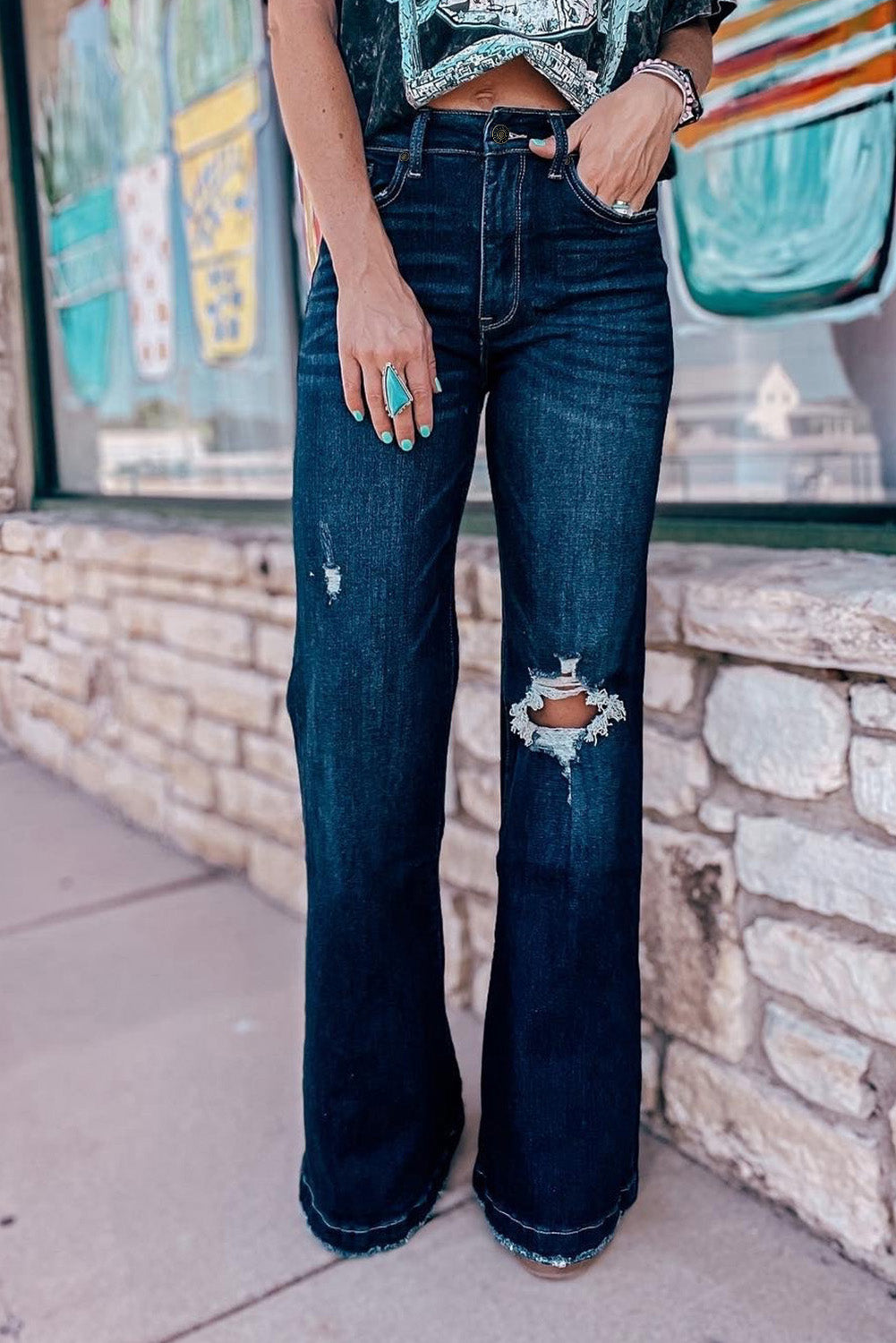 Real Teal High Rise Ripped Bell Bottom Jeans - LA Grand