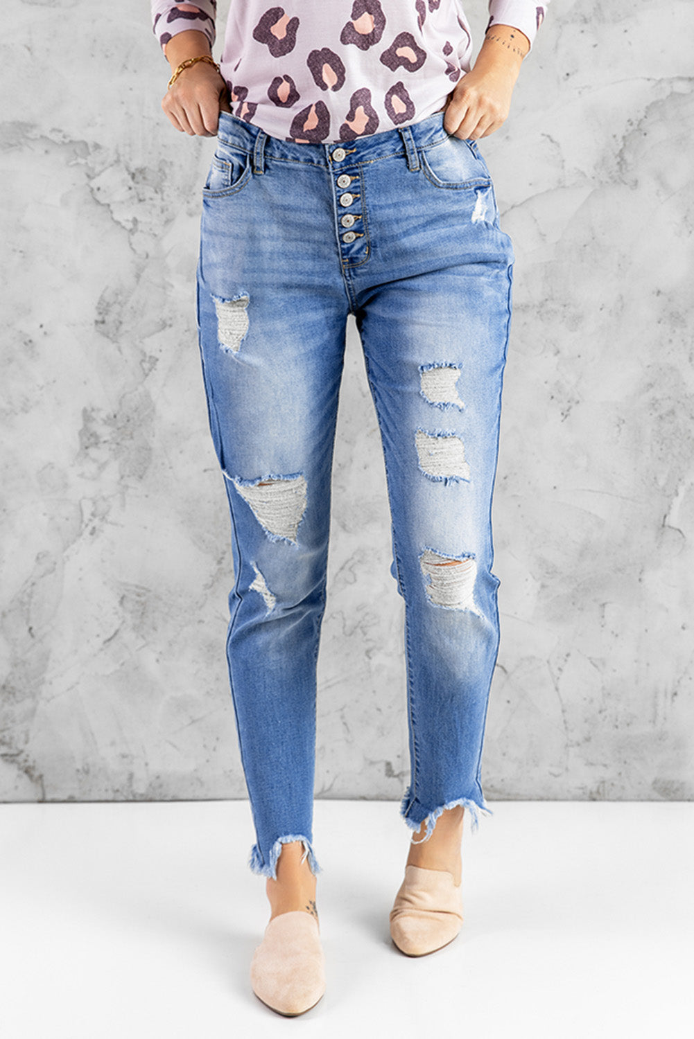 Blue High Rise Button Front Frayed Ankle Skinny Jeans - LA Grand