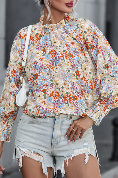 Multicolor Shirred Cuffs Bubble Sleeve Floral Blouse - LA Grand