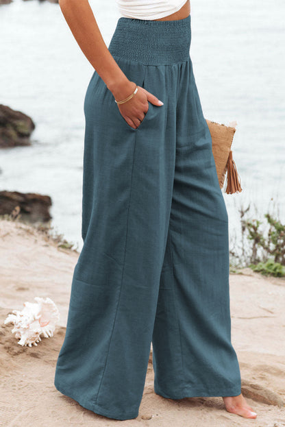 Sky Blue Smocked Wide Waistband High Waist Wide Leg Pants - LA Grand