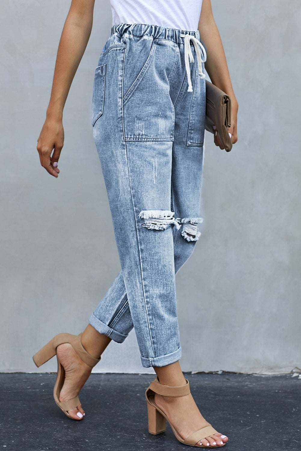 Sky Blue Gather Round Distressed Pocketed Denim Jogger - LA Grand