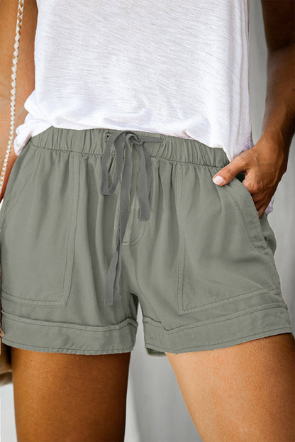 Green Gray Black/Fiery Red/Blue/Green/Gray/Apricot Elastic Waist Drawstring Pocket Shorts - LA Grand