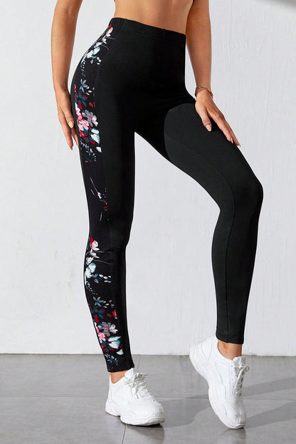 Black Floral Print Patch High Waist Leggings - LA Grand