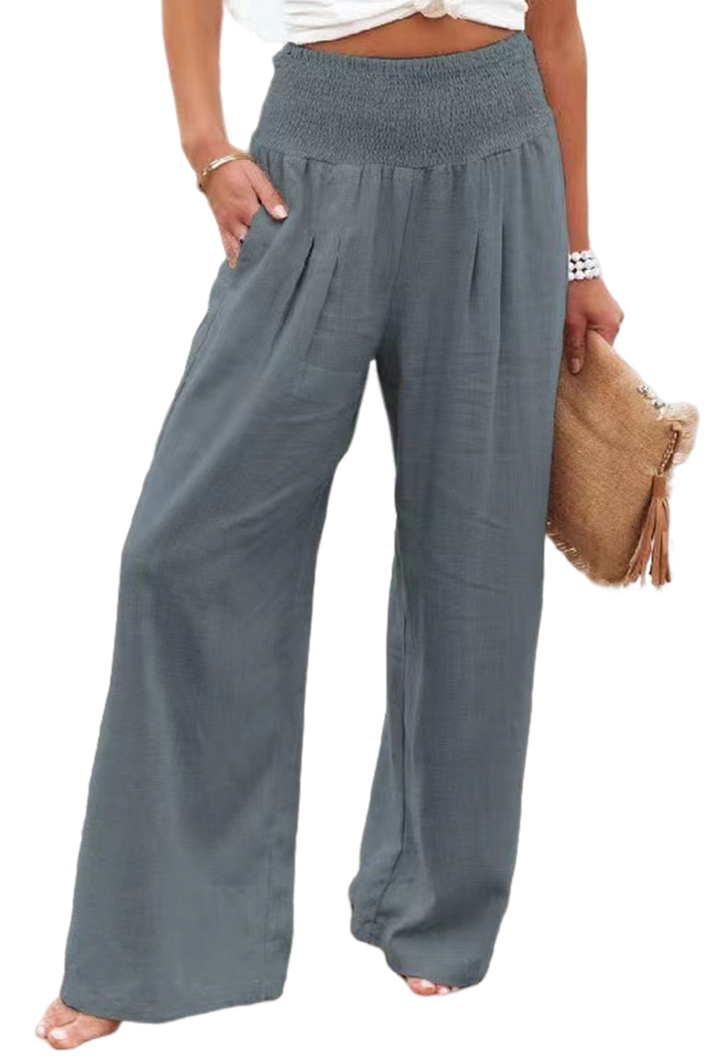 Sky Blue Smocked Wide Waistband High Waist Wide Leg Pants - LA Grand