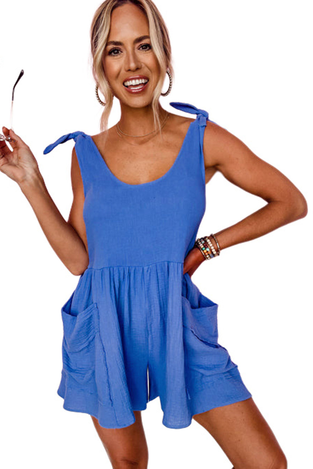 Blue Textured Knotted Straps High Waist Wide Leg Romper - LA Grand