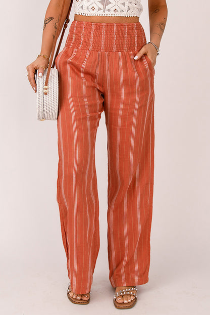 Orange Striped Shirred High Waist Straight Leg Pants - LA Grand