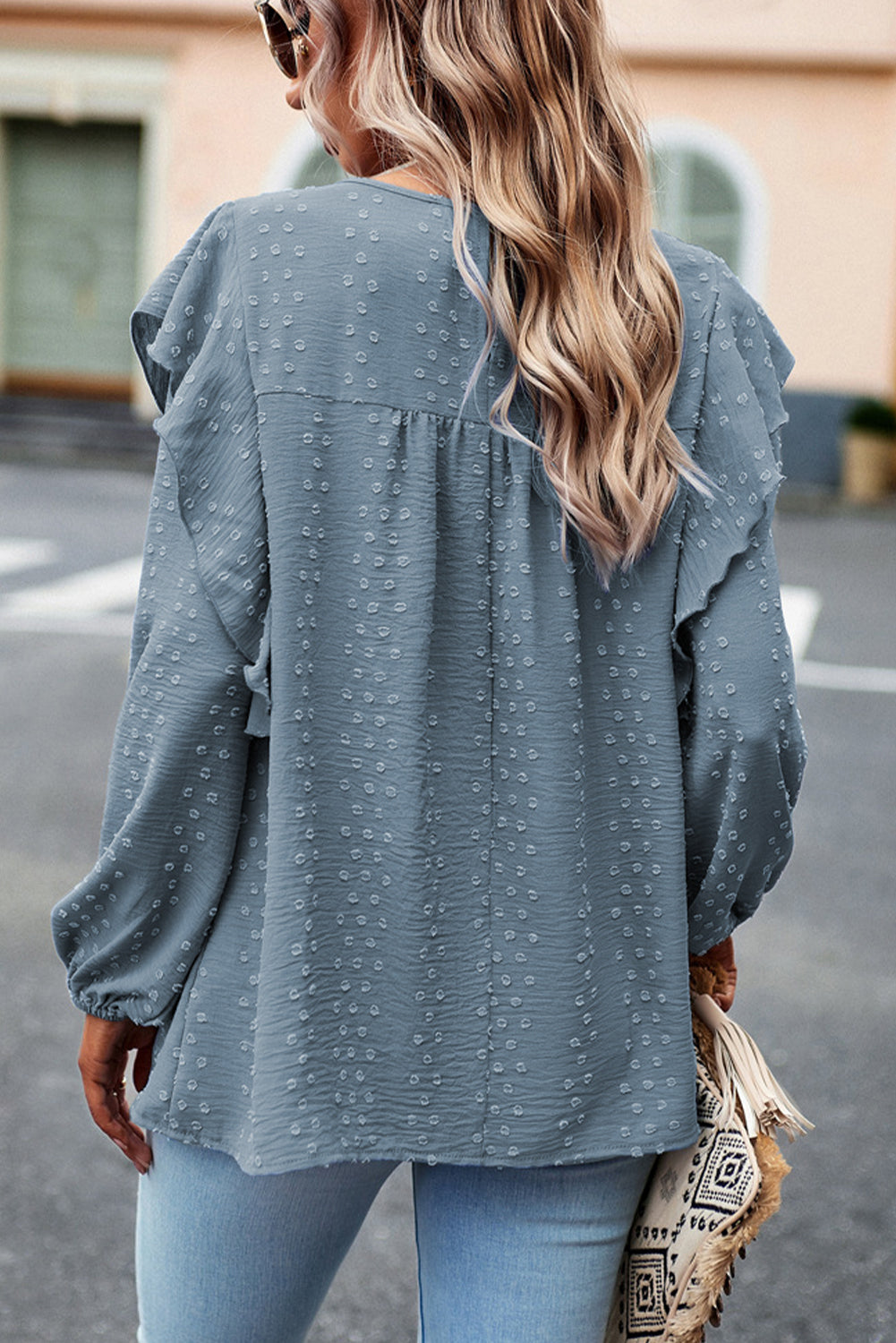 Sky Blue Lace Eyelet Ruffle Shoulder Long Sleeve Blouse - LA Grand