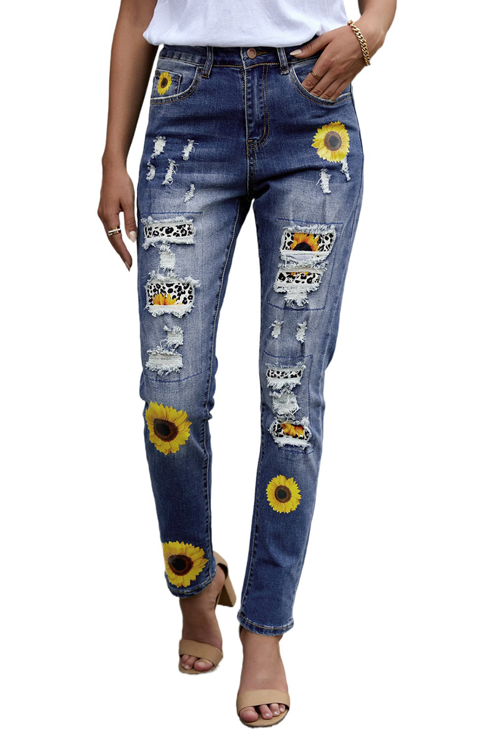 Leopard Patchwork Sunflower Print Distressed High Waist Jeans - LA Grand