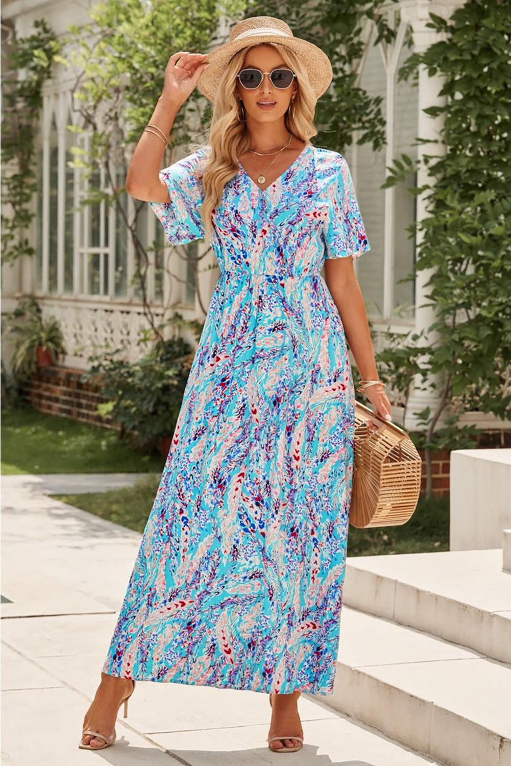 Green Wrap V Neck Floral Maxi Dress - LA Grand