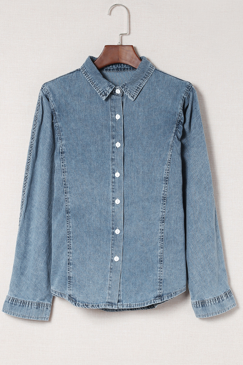 Sky Blue Medium Wash Collared Seamed Denim Shirt - LA Grand