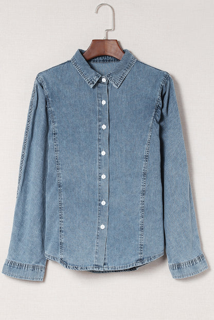 Sky Blue Medium Wash Collared Seamed Denim Shirt - LA Grand