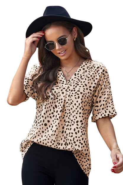 Apricot Animal Print V-neck Rolled Sleeve Tunic Top - LA Grand