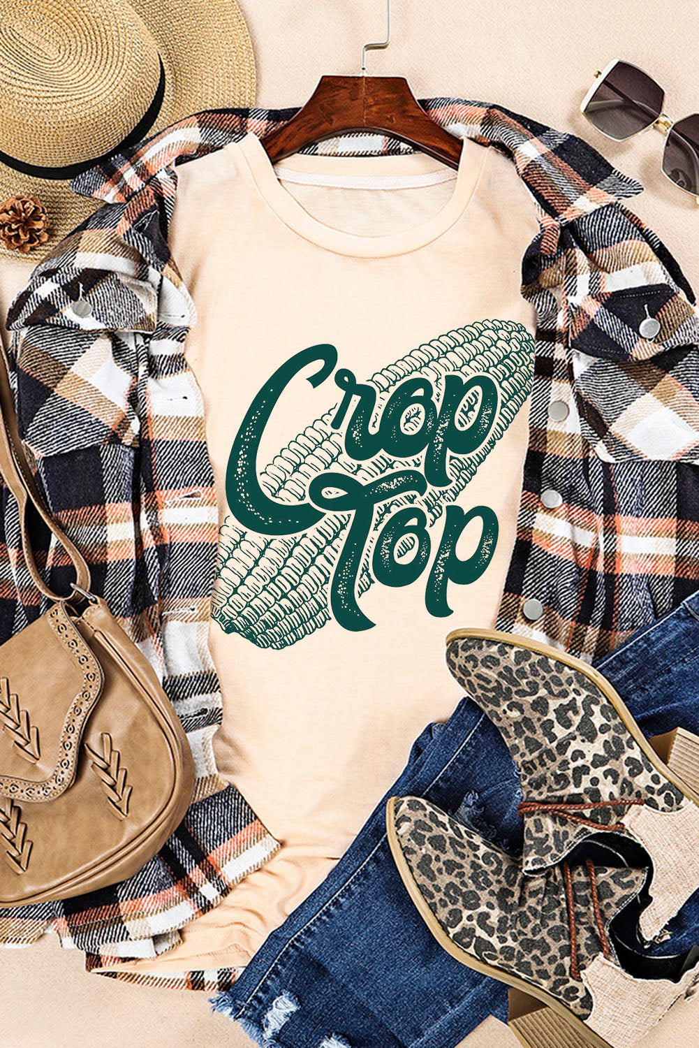 Khaki Corn Crop Top Graphic Tee - LA Grand