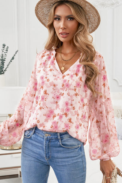 White Floral Print V Neck Long Puff Sleeve Top - LA Grand