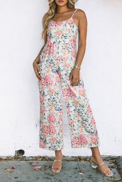 White Floral Spaghetti Straps Wide Leg Jumpsuit - LA Grand