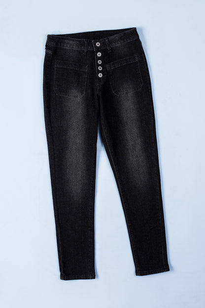 Dark Blue Button Fly Skinny Jeans with Pockets - LA Grand