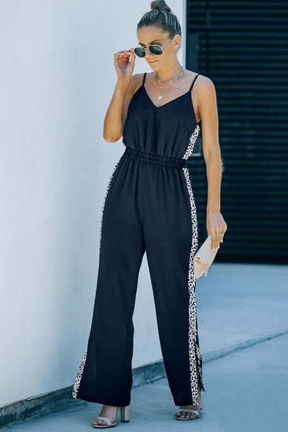 Black Leopard Patchwork Spaghetti Strap Wide Leg Jumpsuit - LA Grand