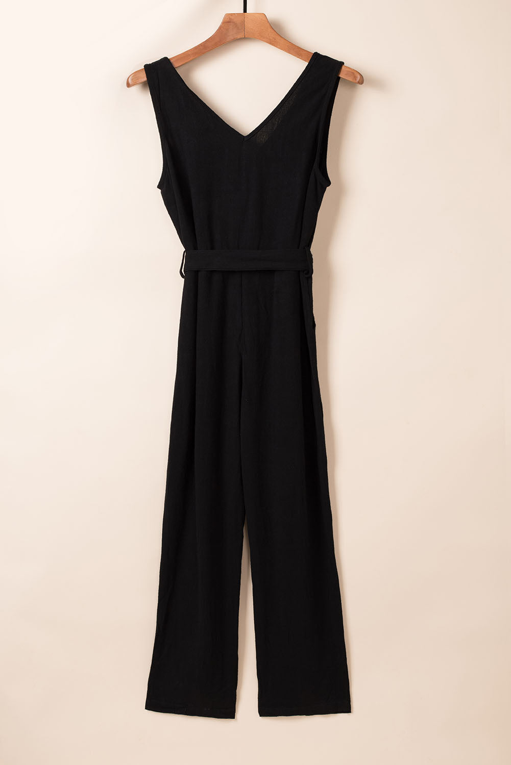 Black V Neck Button Belted Jumpsuit with Pockets - LA Grand