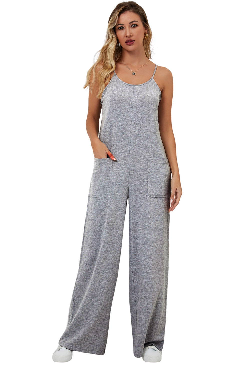 Gray Patch Pockets Spaghetti Strap Wide Leg Jumpsuit - LA Grand