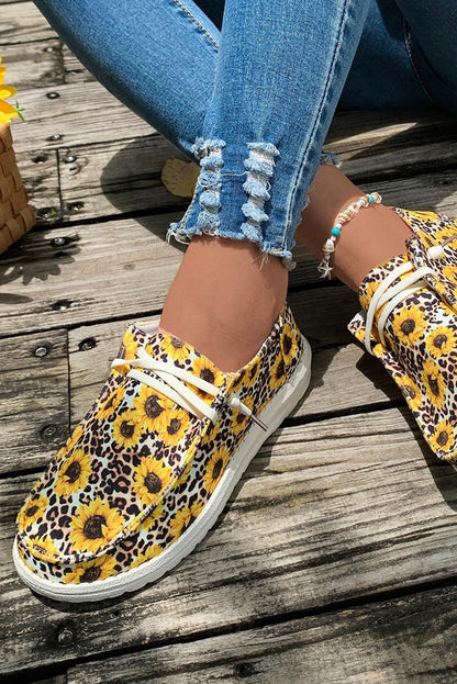 Yellow Sunflower Leopard Print Lace-up Decor Canvas Shoes - LA Grand