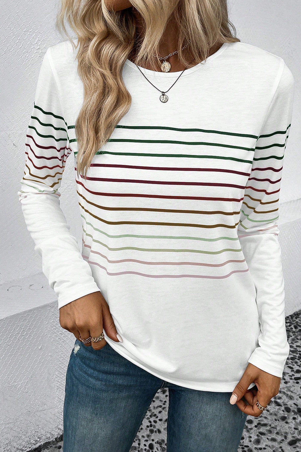 Multicolor Striped Crew Neck Long Sleeve Top - LA Grand