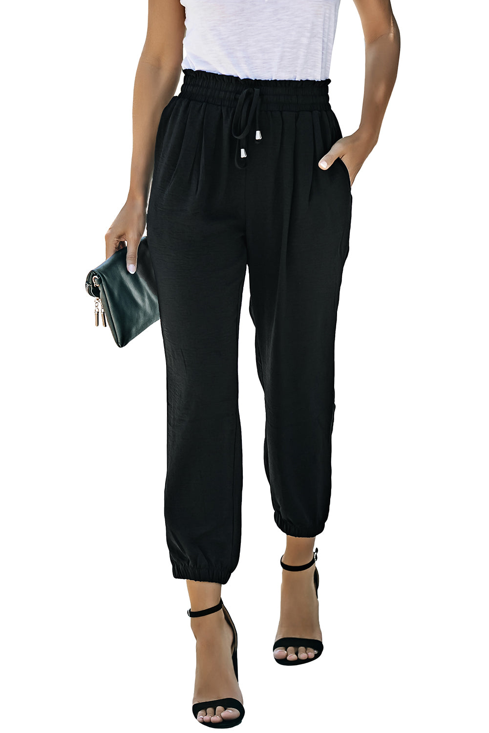 Black Solid Color Drawstring Smocked Waist Joggers - LA Grand