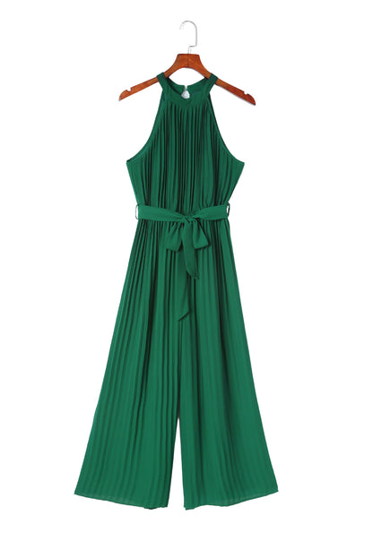 Black Halter Neck Pleated Wide Leg Jumpsuit with Belt - LA Grand