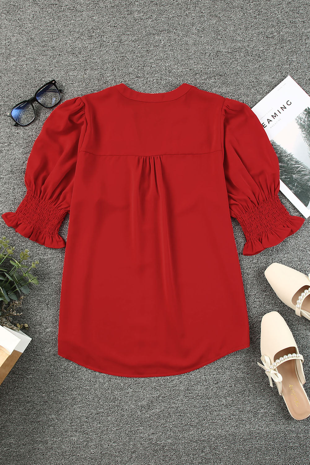 Fiery Red Solid Color Half Sleeve V Neck Blouse - LA Grand