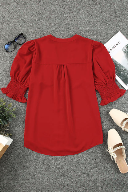 Fiery Red Solid Color Half Sleeve V Neck Blouse - LA Grand