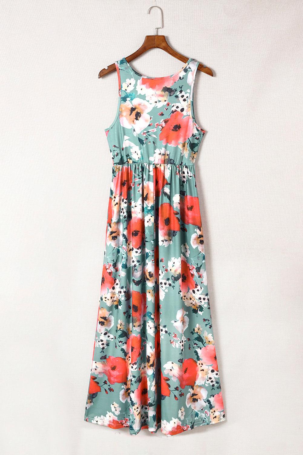 Sky Blue Boho Print Sleeveless High Waist Long Floral Dress - LA Grand