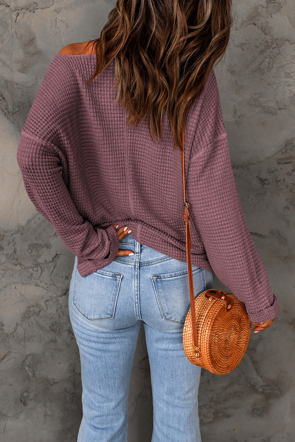 Dusk Blue Waffle Knit Loose Long Sleeve Top - LA Grand