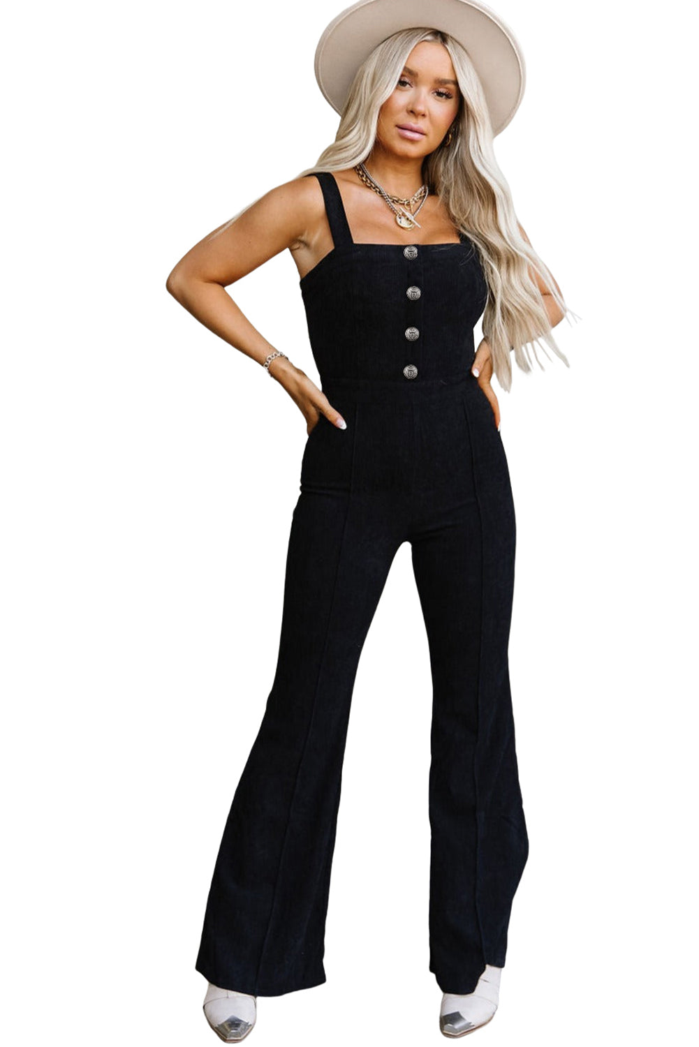 Black Sleeveless Buttoned Bodice Wide Leg Corduroy Jumpsuit - LA Grand