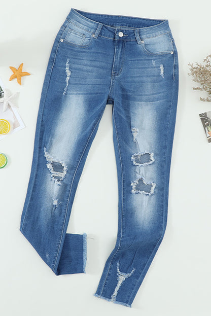 Faded Mid High Rise Jeans with Holes - LA Grand