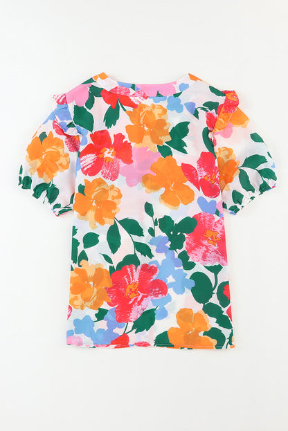 Multicolor Floral Print Ruffle Trim Puff Sleeve Shirt - LA Grand