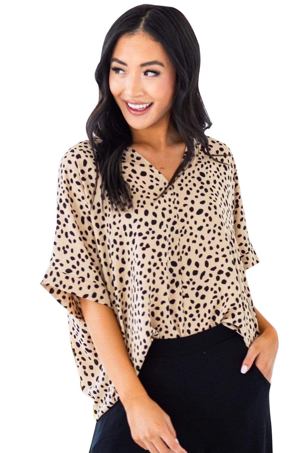 Apricot Animal Print V-neck Rolled Sleeve Tunic Top - LA Grand