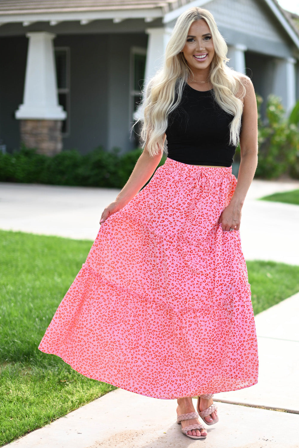 Pink Leopard Print Frilled Drawstring High Waist Maxi Skirt - LA Grand